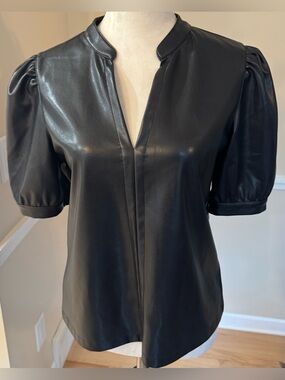 🖤 Steve Madden Black, Soft Faux Leather Puff Sleeve Feminine Blouse Top M